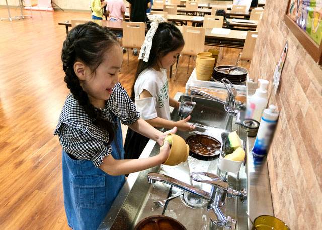 「地球の子供食堂と宿題Cafeひがしく店」食器を洗う子供たち